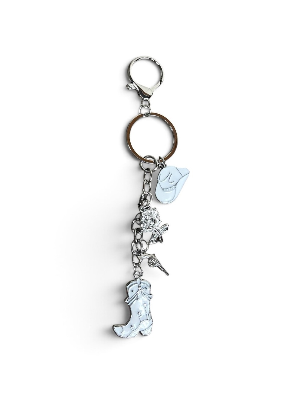 Silver & White Cowboy Boot Charm Keychain